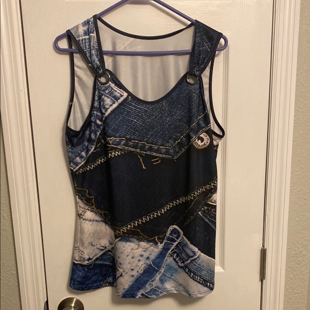 Blue Graphic Tank Top with Denim-Inspired Design